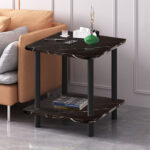 4-SOGA 2X 70cm Black Ceramic Side Table Stone Pattern Modern Design with Black Metal Legs