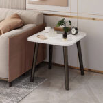2-SOGA 40cm White Ceramic Table Stone Pattern Compact Modern Design with Black Metal Legs