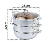 2-SOGA 3 Tier 28cm Heavy Duty Stainless Steel Food Steamer Vegetable Pot Stackable Pan Insert with Glass Lid