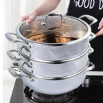 8-SOGA 3 Tier 30cm Heavy Duty Stainless Steel Food Steamer Vegetable Pot Stackable Pan Insert with Glass Lid
