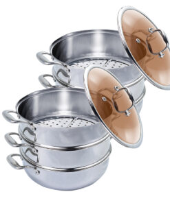 1-SOGA 2X 3 Tier 32cm Heavy Duty Stainless Steel Food Steamer Vegetable Pot Stackable Pan Insert with Glass Lid