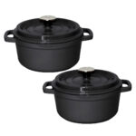 1-SOGA 2X Cast Iron 24cm Stewpot Casserole Stew Cooking Pot With Lid Black