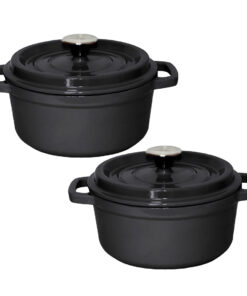 1-SOGA 2X Cast Iron 24cm Stewpot Casserole Stew Cooking Pot With Lid Black