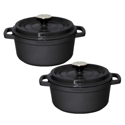 1-SOGA 2X Cast Iron 24cm Stewpot Casserole Stew Cooking Pot With Lid Black