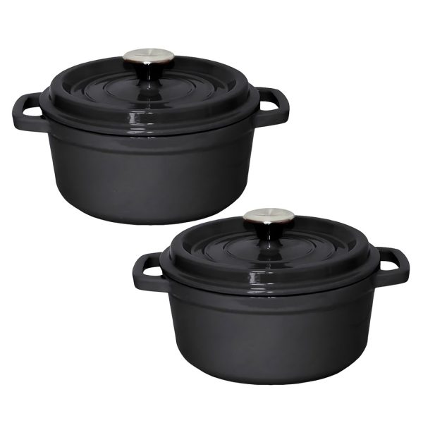 1-SOGA 2X Cast Iron 24cm Stewpot Casserole Stew Cooking Pot With Lid Black