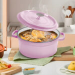 3-SOGA 22cm Pink Cast Iron Ceramic Stewpot Casserole Stew Cooking Pot With Lid