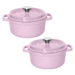 1-SOGA 2X 22cm Pink Cast Iron Ceramic Stewpot Casserole Stew Cooking Pot With Lid