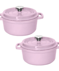1-SOGA 2X 22cm Pink Cast Iron Ceramic Stewpot Casserole Stew Cooking Pot With Lid