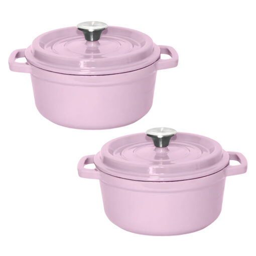 1-SOGA 2X 22cm Pink Cast Iron Ceramic Stewpot Casserole Stew Cooking Pot With Lid