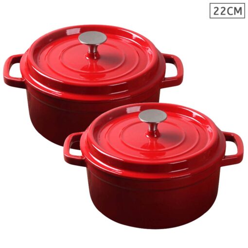 1-SOGA 2X Cast Iron 22cm Enamel Porcelain Stewpot Casserole Stew Cooking Pot With Lid Red