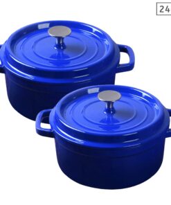 1-SOGA 2X Cast Iron 24cm Enamel Porcelain Stewpot Casserole Stew Cooking Pot With Lid Blue