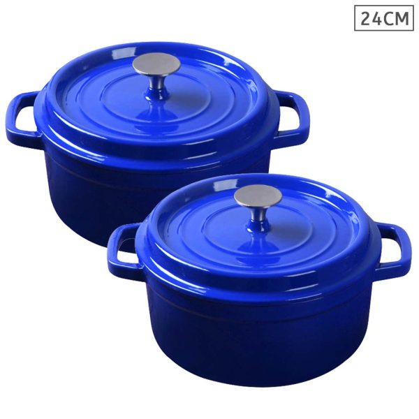 1-SOGA 2X Cast Iron 24cm Enamel Porcelain Stewpot Casserole Stew Cooking Pot With Lid Blue
