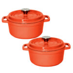 1-SOGA 2X Cast Iron 24cm Enamel Porcelain Stewpot Casserole Stew Cooking Pot With Lid Orange