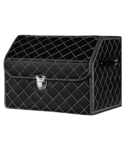 1-SOGA Leather Car Boot Collapsible Foldable Trunk Cargo Organizer Portable Storage Box Black/White Stitch with Lock Small