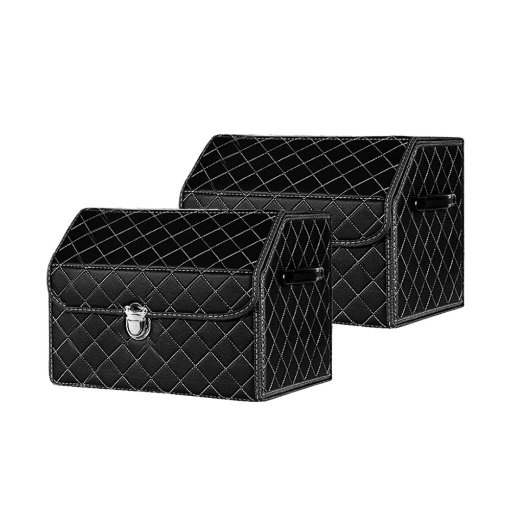 1-SOGA 2X Leather Car Boot Collapsible Foldable Trunk Cargo Organizer Portable Storage Box Black/White Stitch with Lock Small