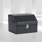 3-SOGA 2X Leather Car Boot Collapsible Foldable Trunk Cargo Organizer Portable Storage Box Black/White Stitch with Lock Small