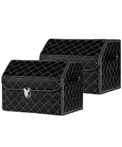 1-SOGA 2X Leather Car Boot Collapsible Foldable Trunk Cargo Organizer Portable Storage Box Black/White Stitch with Lock Small
