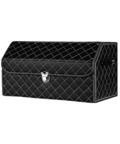 1-SOGA Leather Car Boot Collapsible Foldable Trunk Cargo Organizer Portable Storage Box Black/White Stitch with Lock Medium