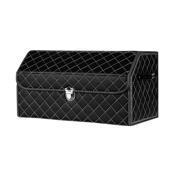 1-SOGA Leather Car Boot Collapsible Foldable Trunk Cargo Organizer Portable Storage Box Black/White Stitch with Lock Medium