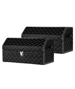 1-SOGA 2X Leather Car Boot Collapsible Foldable Trunk Cargo Organizer Portable Storage Box Black/White Stitch with Lock Medium