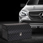 4-SOGA 2X Leather Car Boot Collapsible Foldable Trunk Cargo Organizer Portable Storage Box Black/White Stitch with Lock Medium
