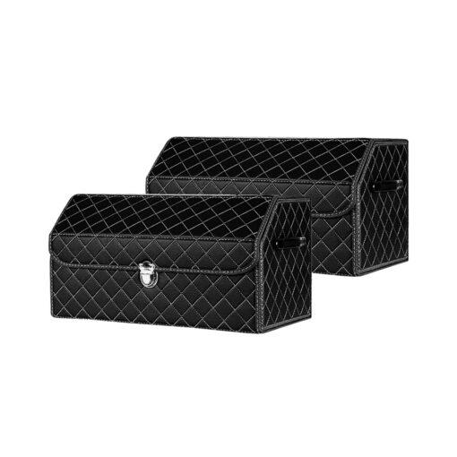 1-SOGA 2X Leather Car Boot Collapsible Foldable Trunk Cargo Organizer Portable Storage Box Black/White Stitch with Lock Medium