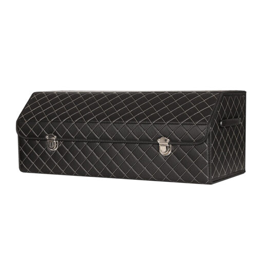 1-SOGA Leather Car Boot Collapsible Foldable Trunk Cargo Organizer Portable Storage Box Black/White Stitch with Lock Large