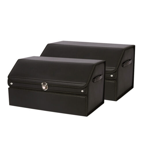 1-SOGA 2X 60cm Leather Car Boot Collapsible Foldable Trunk Cargo Organizer Portable Storage Box with Lock Black