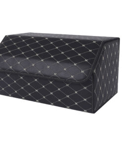 1-SOGA Leather Car Boot Collapsible Foldable Trunk Cargo Organizer Portable Storage Box Black/Gold Stitch Large