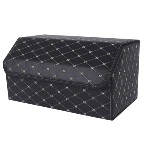 1-SOGA Leather Car Boot Collapsible Foldable Trunk Cargo Organizer Portable Storage Box Black/Gold Stitch Large