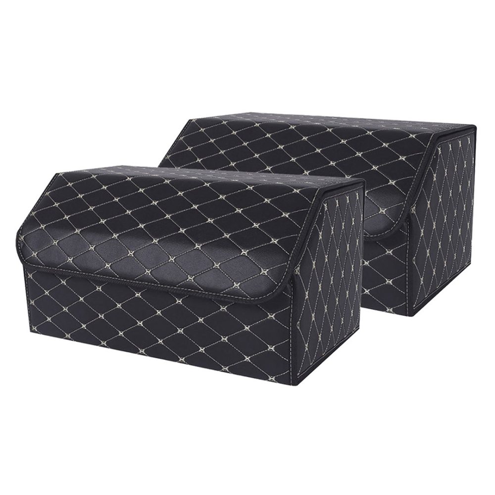 1-SOGA 2X Leather Car Boot Collapsible Foldable Trunk Cargo Organizer Portable Storage Box Black/Gold Stitch Large
