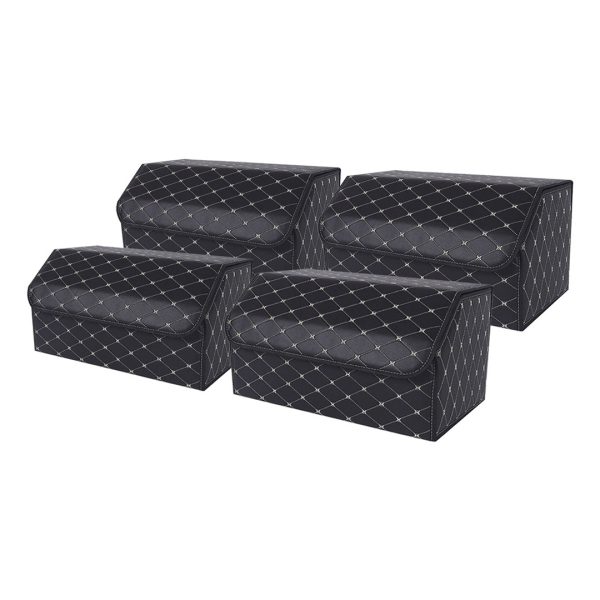1-SOGA 4X Leather Car Boot Collapsible Foldable Trunk Cargo Organizer Portable Storage Box Black/Gold Stitch Large