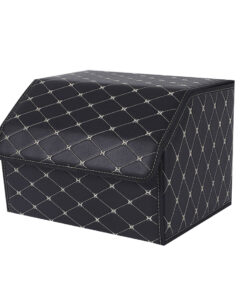 1-SOGA Leather Car Boot Collapsible Foldable Trunk Cargo Organizer Portable Storage Box Black/Gold Stitch Medium