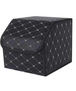 1-SOGA Leather Car Boot Collapsible Foldable Trunk Cargo Organizer Portable Storage Box Black/Gold Stitch Small