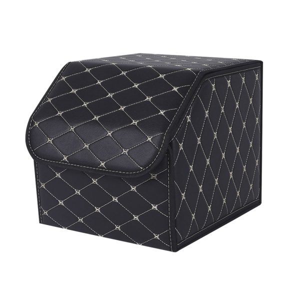 1-SOGA Leather Car Boot Collapsible Foldable Trunk Cargo Organizer Portable Storage Box Black/Gold Stitch Small