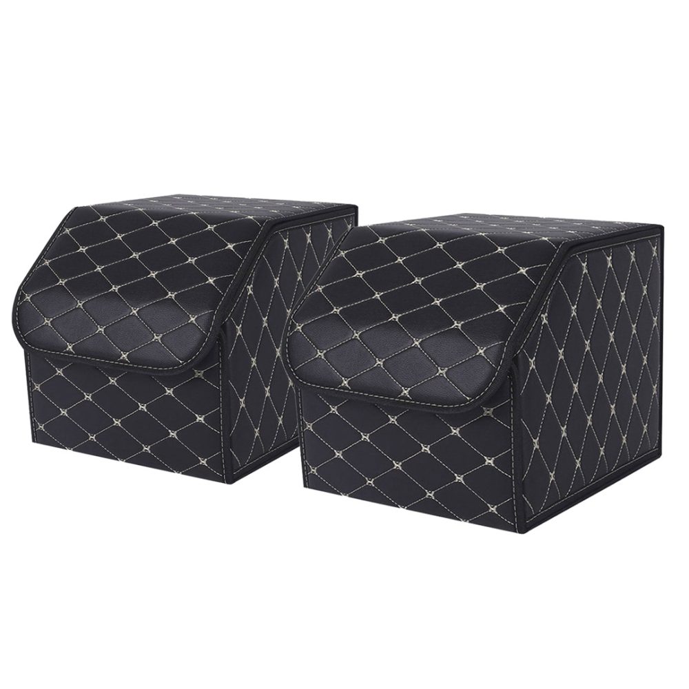 1-SOGA 2X Leather Car Boot Collapsible Foldable Trunk Cargo Organizer Portable Storage Box Black/Gold Stitch Small