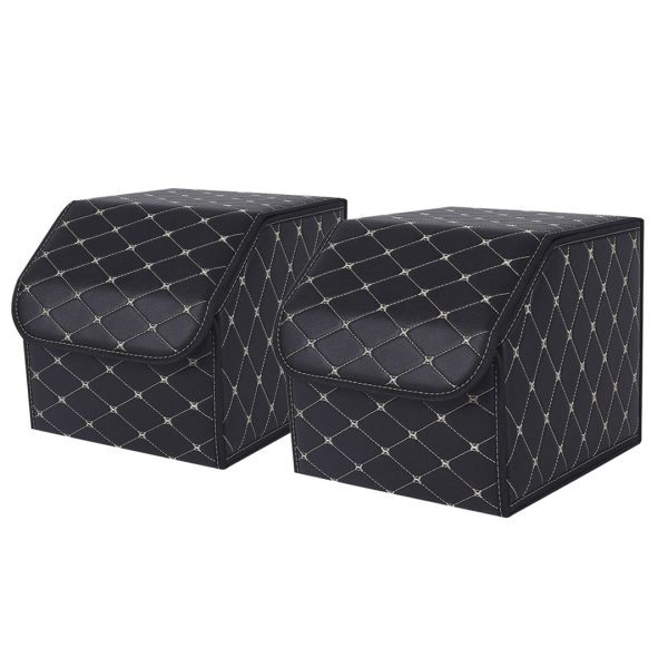 1-SOGA 2X Leather Car Boot Collapsible Foldable Trunk Cargo Organizer Portable Storage Box Black/Gold Stitch Small