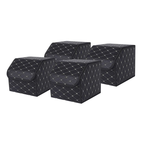 1-SOGA 4X Leather Car Boot Collapsible Foldable Trunk Cargo Organizer Portable Storage Box Black/Gold Stitch Small