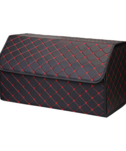 1-SOGA Leather Car Boot Collapsible Foldable Trunk Cargo Organizer Portable Storage Box Black/Red Stitch Large