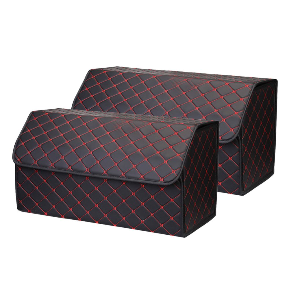 1-SOGA 2X Leather Car Boot Collapsible Foldable Trunk Cargo Organizer Portable Storage Box Black/Red Stitch Large