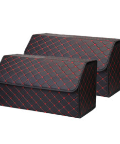1-SOGA 2X Leather Car Boot Collapsible Foldable Trunk Cargo Organizer Portable Storage Box Black/Red Stitch Large