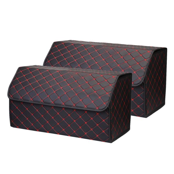 1-SOGA 2X Leather Car Boot Collapsible Foldable Trunk Cargo Organizer Portable Storage Box Black/Red Stitch Large