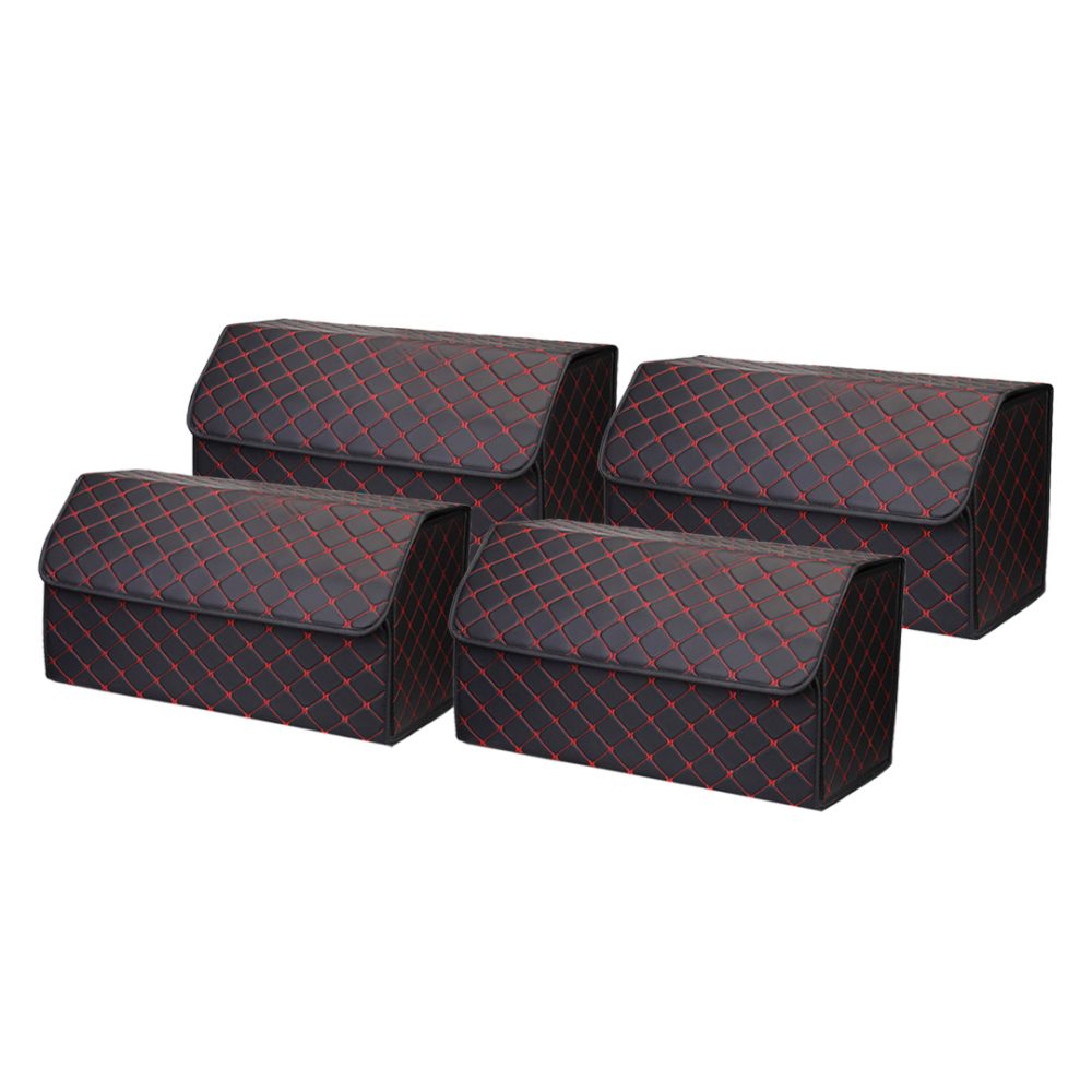 1-SOGA 4X Leather Car Boot Collapsible Foldable Trunk Cargo Organizer Portable Storage Box Black/Red Stitch Large