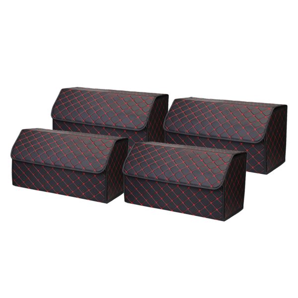 1-SOGA 4X Leather Car Boot Collapsible Foldable Trunk Cargo Organizer Portable Storage Box Black/Red Stitch Large