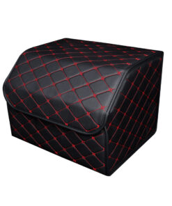 1-SOGA Leather Car Boot Collapsible Foldable Trunk Cargo Organizer Portable Storage Box Black/Red Stitch Medium