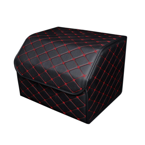 1-SOGA Leather Car Boot Collapsible Foldable Trunk Cargo Organizer Portable Storage Box Black/Red Stitch Medium