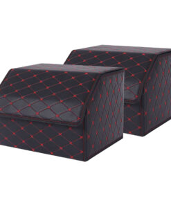 1-SOGA 2X Leather Car Boot Collapsible Foldable Trunk Cargo Organizer Portable Storage Box Black/Red Stitch Medium