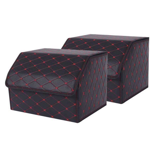 1-SOGA 2X Leather Car Boot Collapsible Foldable Trunk Cargo Organizer Portable Storage Box Black/Red Stitch Medium