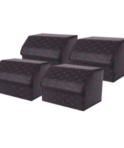 1-SOGA 4X Leather Car Boot Collapsible Foldable Trunk Cargo Organizer Portable Storage Box Black/Red Stitch Medium