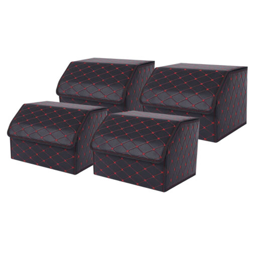 1-SOGA 4X Leather Car Boot Collapsible Foldable Trunk Cargo Organizer Portable Storage Box Black/Red Stitch Medium